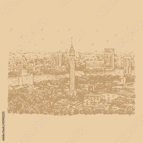 Cairo Tower in Egypt with the Nile River view. Hand drawn sketch. Vector illustration