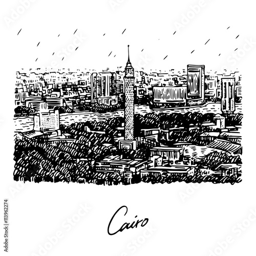 Cairo Tower in Egypt with the Nile River view. Hand drawn sketch. Vector illustration