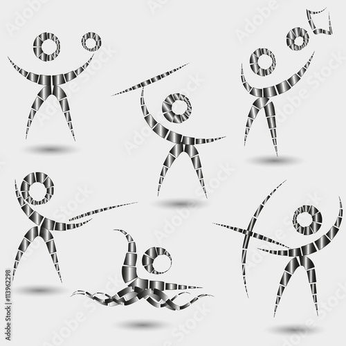 Vector illustration of Emblems Sports
Set Black white logos of sports on a gray background, are represented - basketball, valeybol, swimming, javelin throwing, archery, fencing

