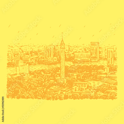 Cairo Tower in Egypt with the Nile River view. Hand drawn sketch. Vector illustration