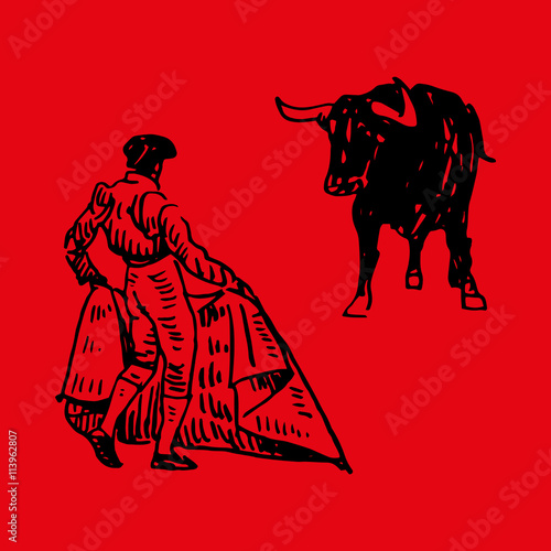 Corrida, bullfighting in Spain. A bullfighter awaiting for the bull. Hand drawn pencil sketch. Vector illustration