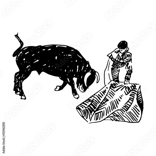 Corrida, bullfighting in Spain. A bullfighter awaiting for the bull. Hand drawn pencil sketch. Vector illustration