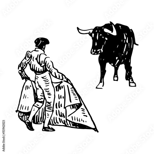 Corrida  bullfighting in Spain. A bullfighter awaiting for the bull. Hand drawn pencil sketch. Vector illustration