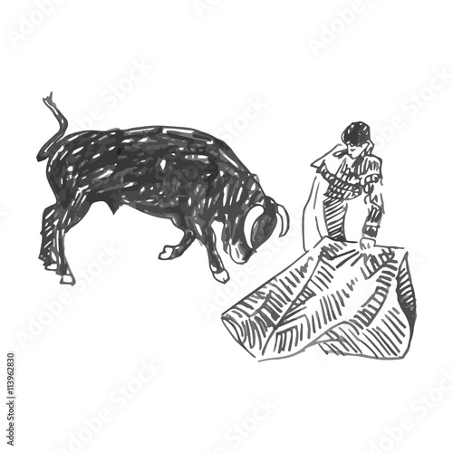 Corrida, bullfighting in Spain. A bullfighter awaiting for the bull. Hand drawn pencil sketch. Vector illustration