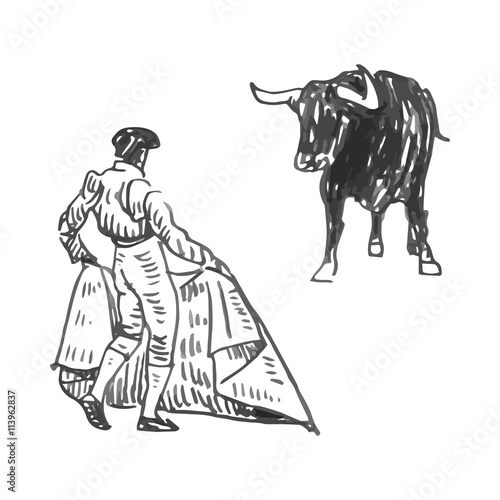 Corrida, bullfighting in Spain. A bullfighter awaiting for the bull. Hand drawn pencil sketch. Vector illustration