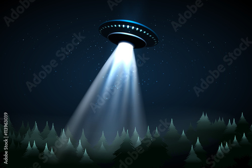 Flying UFO over night forest vector illustration