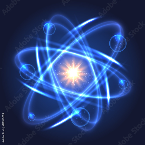 Vector atom icon. Shining nuclear atom model