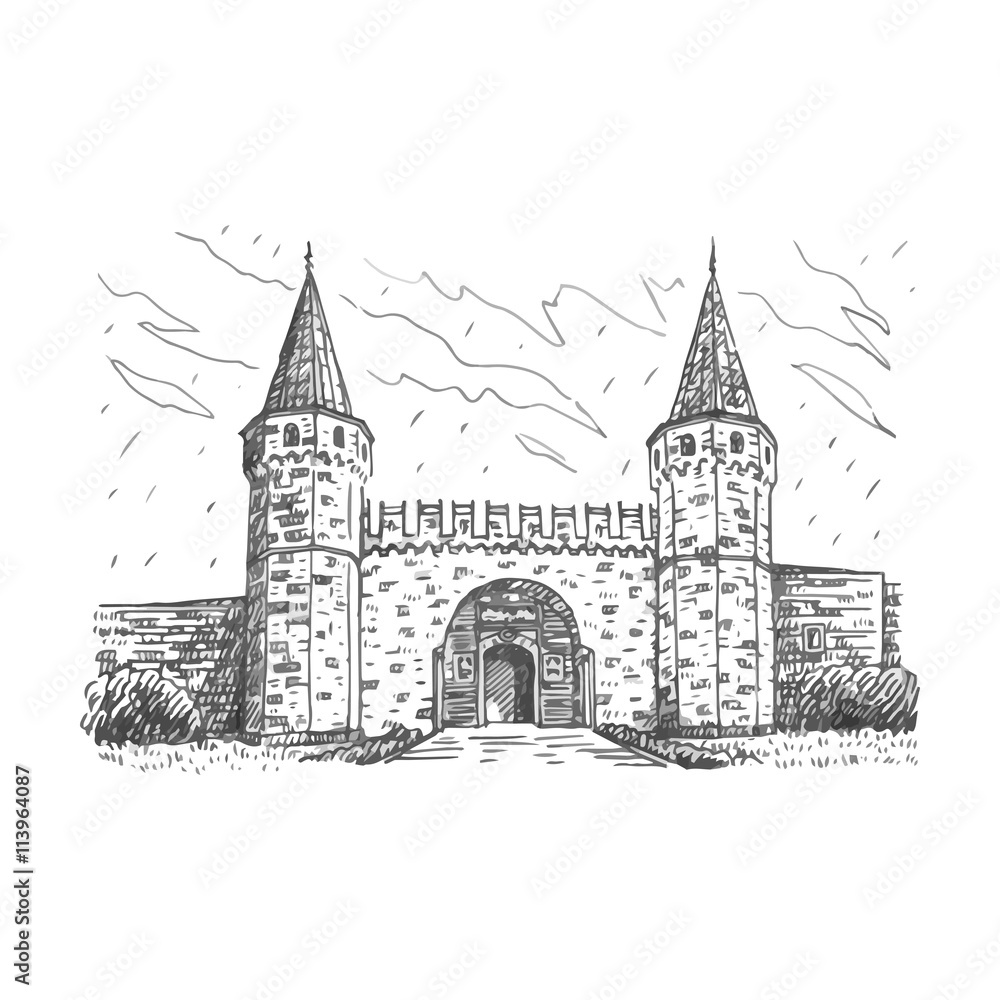 Entrance of the Topkapi palace, Istanbul, Turkey. The large Gate of Salutation. Vector freehand pencil sketch.