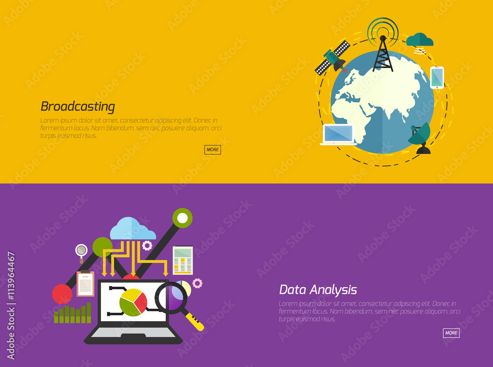 Flat design concepts for broadcast, Data analysis. Concepts for web banners and promotional materials.
