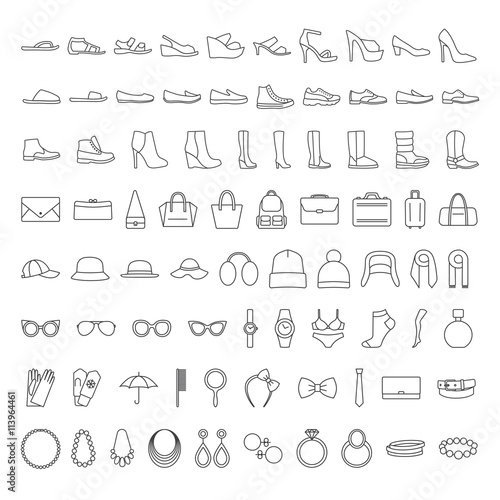 Shoes and accessories line icons. Icons set: shoes, bags, hats, jewelry, glasses