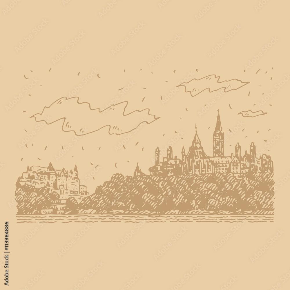 View of Parliament Hill and the Fairmount Chateau in Ottawa, Canada. Hand drawn sketch. Vector illustration