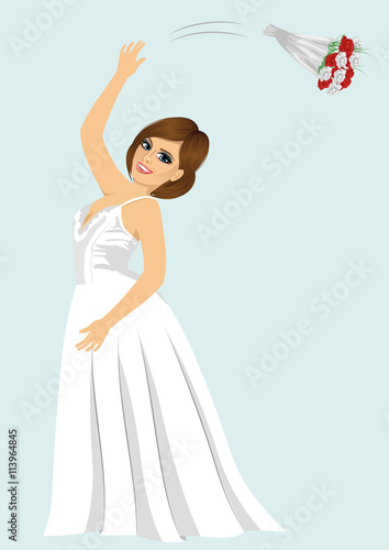 young bride woman throwing rose bouquet on her wedding day