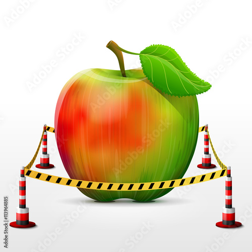 Apple fruit located in restricted area. Apple with leaf surrounded barrier tape. Qualitative vector illustration about agriculture, fruits, cooking, farming, gastronomy, gardening, etc