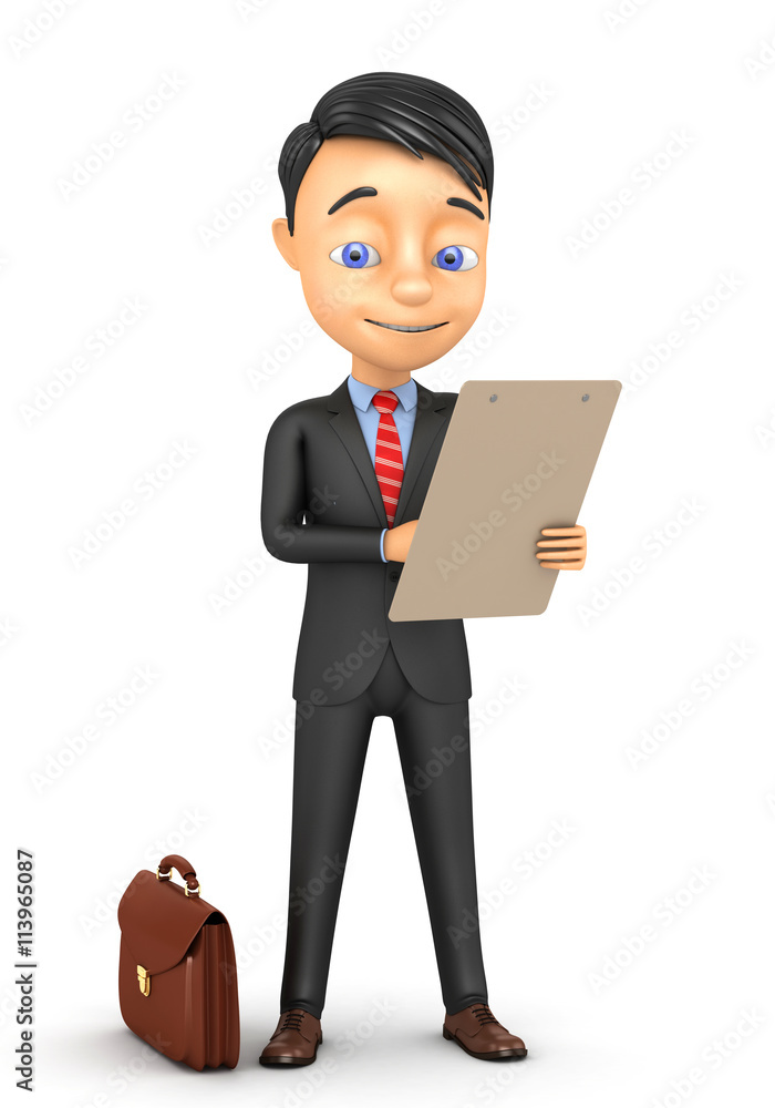 3d cheerful businessman takes notes