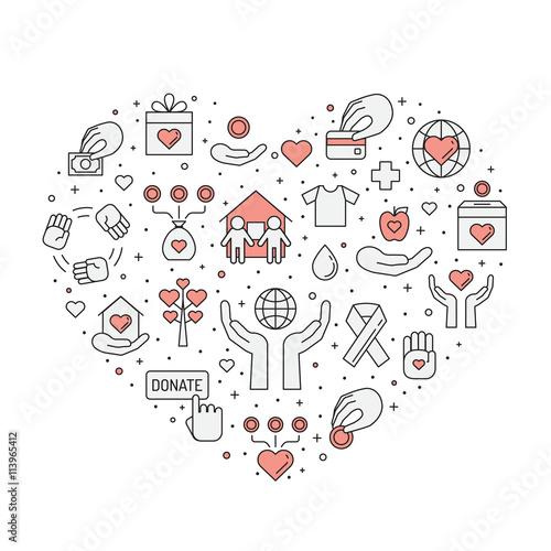 Donations and charity (red and gray) heart illustration (background). Clean and simple outline design.
