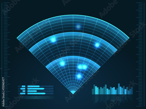 Blue radar screen. Vector illustration for your design. Technology background. Futuristic user interface. HUD.