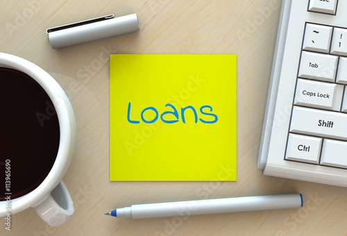 Fotografi Loans, message on note paper, computer and coffee on table, 3D rendering