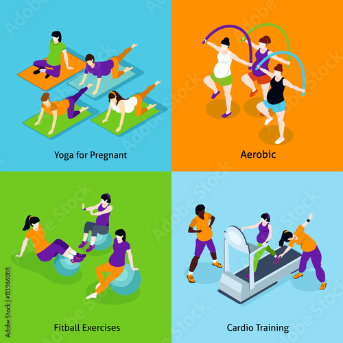  Pregnant Woman Fitness Concept Icons Set 