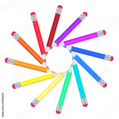 Frame of colored office pencils in a circle isolated on white ba
