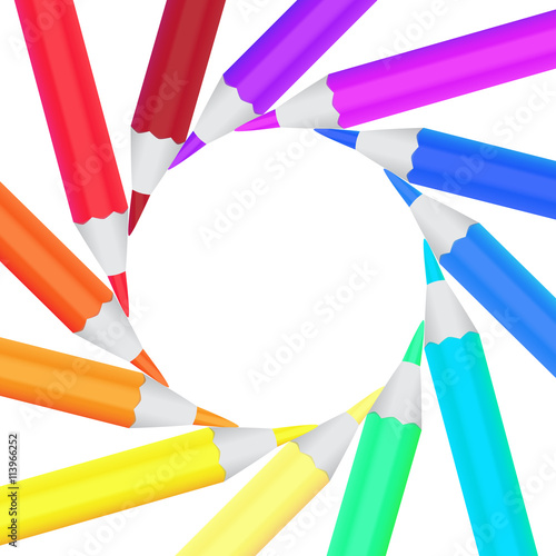 Frame of colored office pencils in a circle isolated on white ba