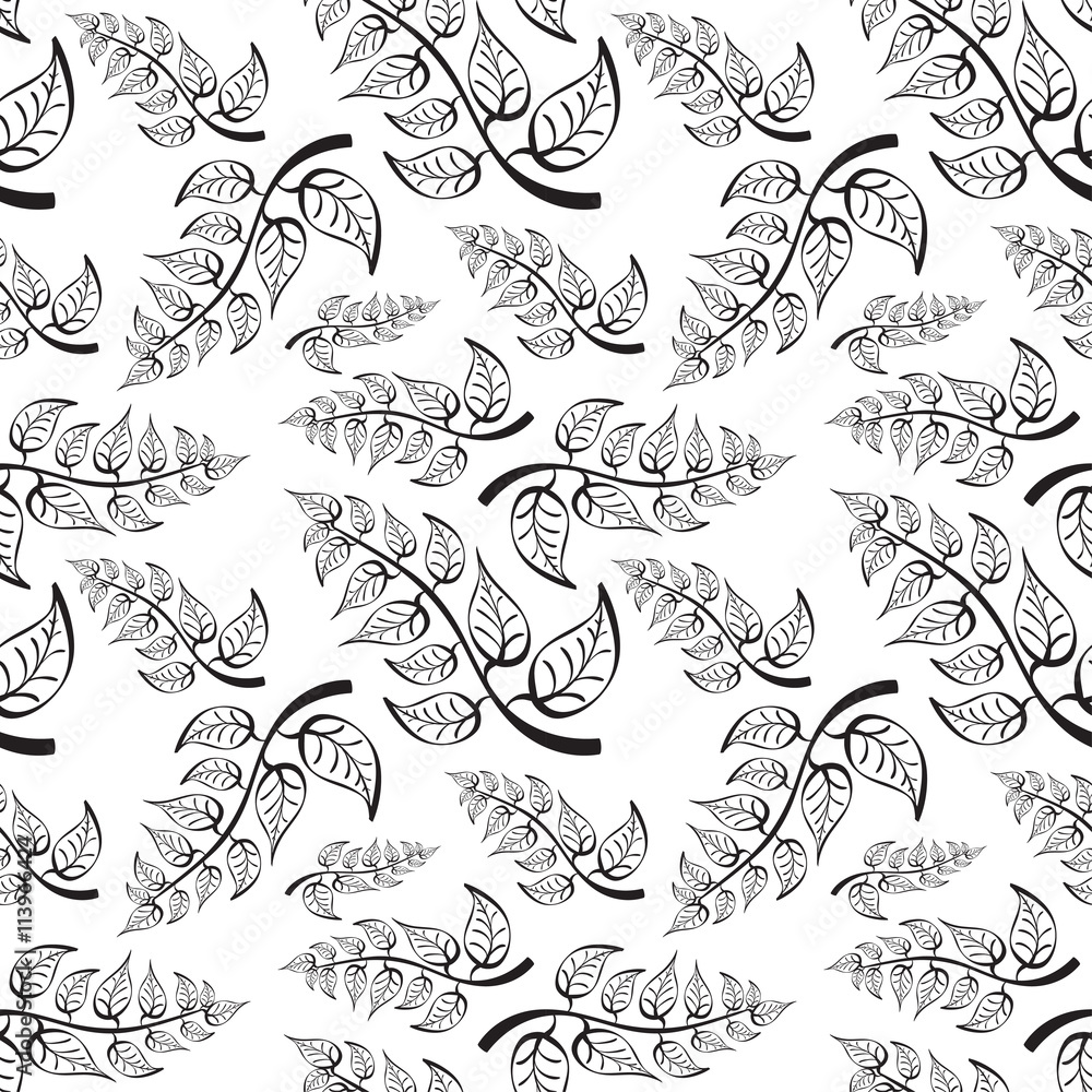 Fototapeta premium Branch with leaves. Seamless Pattern on white background.