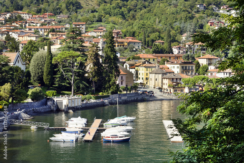 Lenno town and Como Marina, seen from the alley that ascends to Villa Balbianello, Como lake, Italy. September 2015