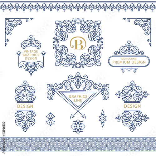 Set of line art frames and borders for design template. Element in Eastern style. letter B. Outline floral frames. Mono line decor for invitations, greeting cards, certificate. Vector illustration