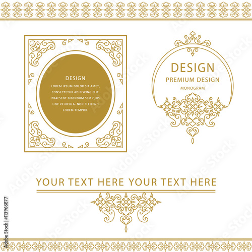 Set of line art frames and borders for design template. Element in Eastern style. Outline floral frames. Mono line decor for invitations, greeting cards, certificate. Vector illustration