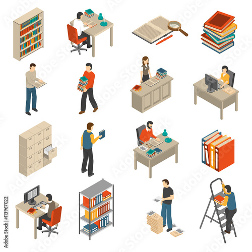 Documents Archive Library Isometric Icons Set