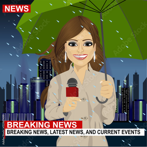 Female journalist working in rainy weather in front of night city with skyscrapers holding microphone and umbrella