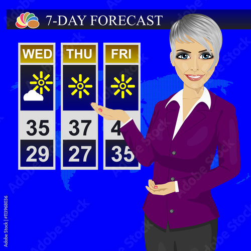 TV weather news reporter meteorologist anchorwoman reporting on monitor screen
