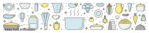 Crockery and cooking (dishes and food) multicolored horizontal illustration. Clean and simple outline design. Part one.
