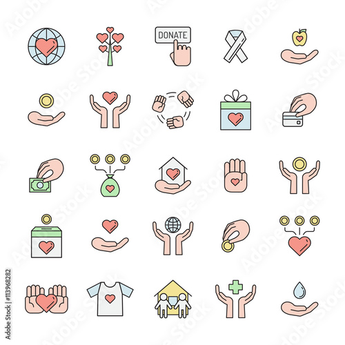 Donations and charity multicolored outline icon set. Clean and simple outline design.