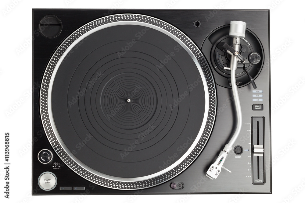 professional dj turntable isolated on white, top view