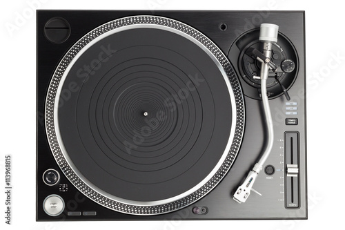 professional dj turntable isolated on white, top view photo