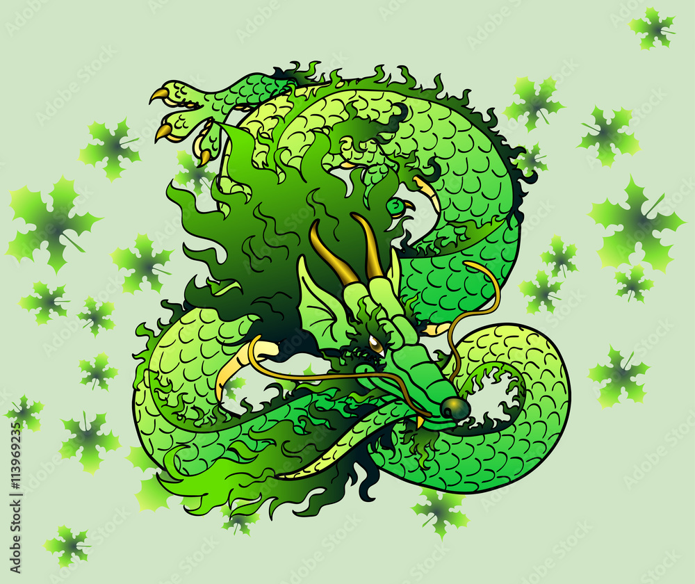 Fototapeta premium Playful green wood Asian dragon on leaves