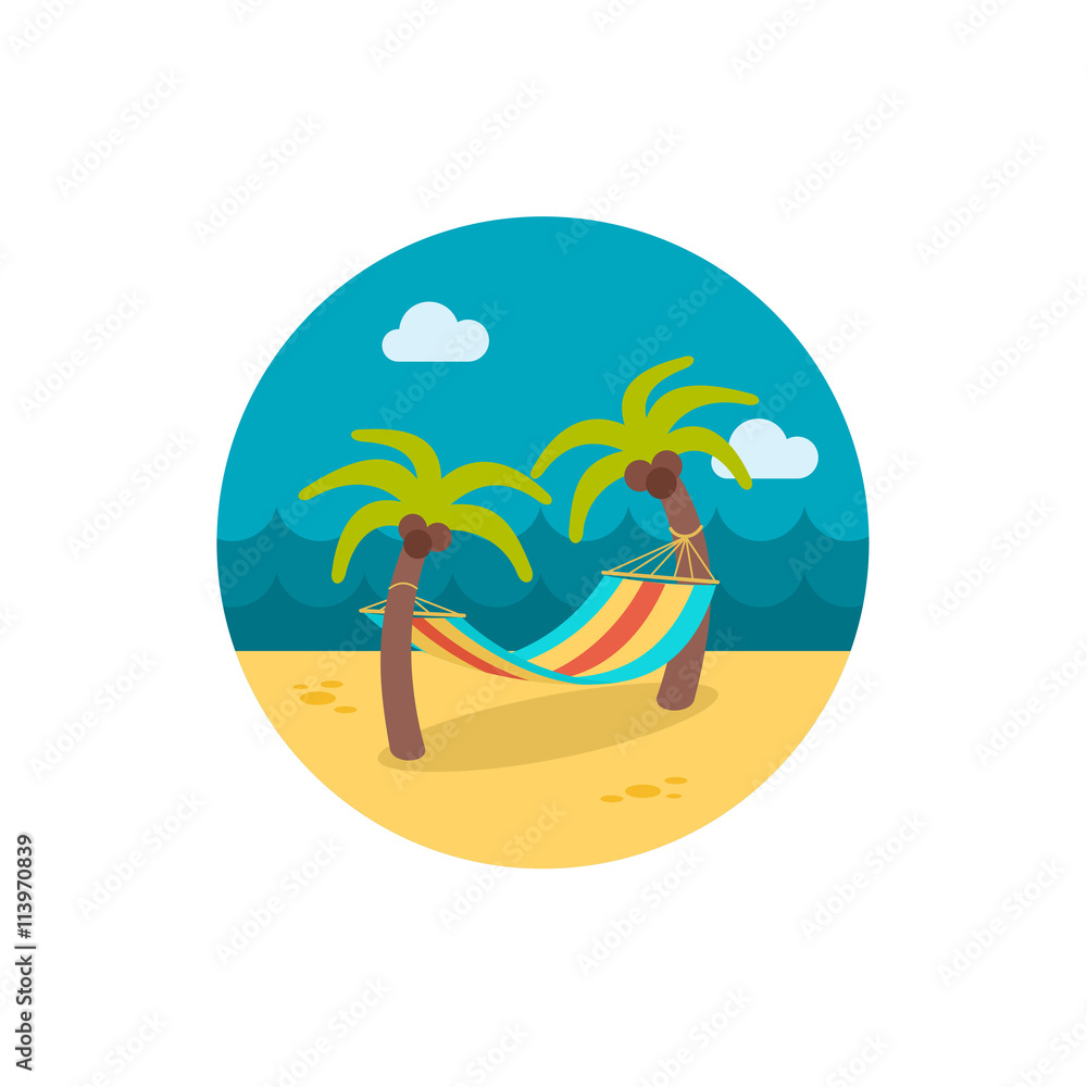Hammock with palm trees on beach icon. Vacation