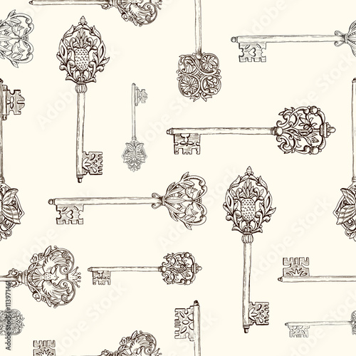 Seamless pattern withhand drawn antique keys. vintage keys with floral elements, butterflies and birds photo