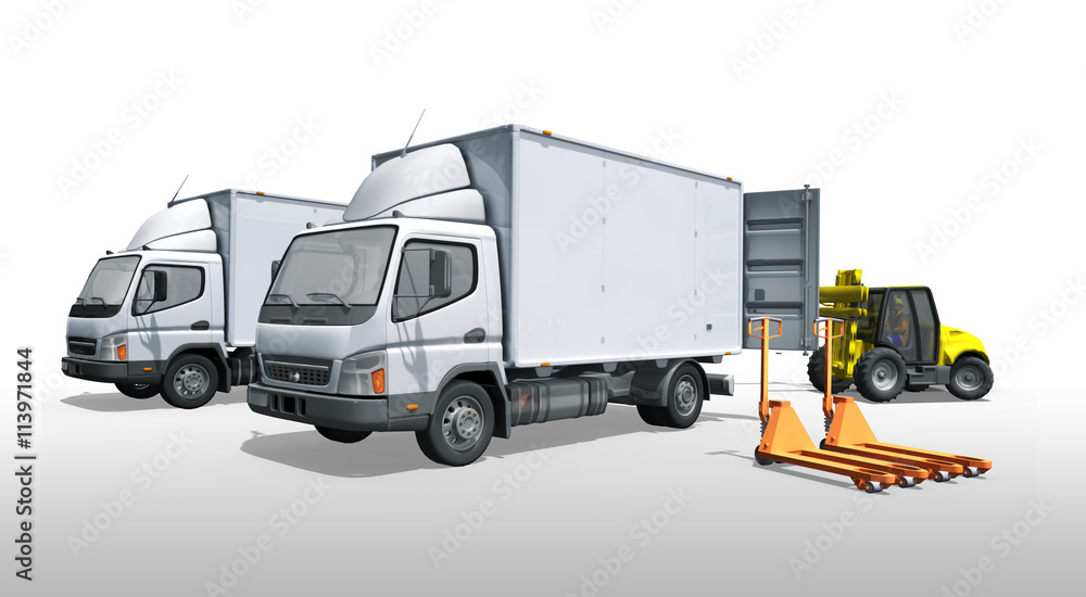 Fototapeta premium LKW mit Gabelstabler und Hubwagen beim Beladen
