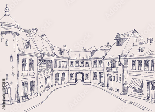 City street, retro style buildings sketch, urban background