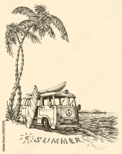 Surf van on the beach vector sketch