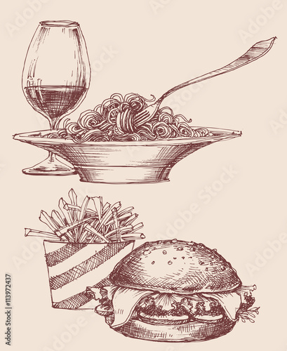 Food vector, fast food burger and fries, pasta and wine