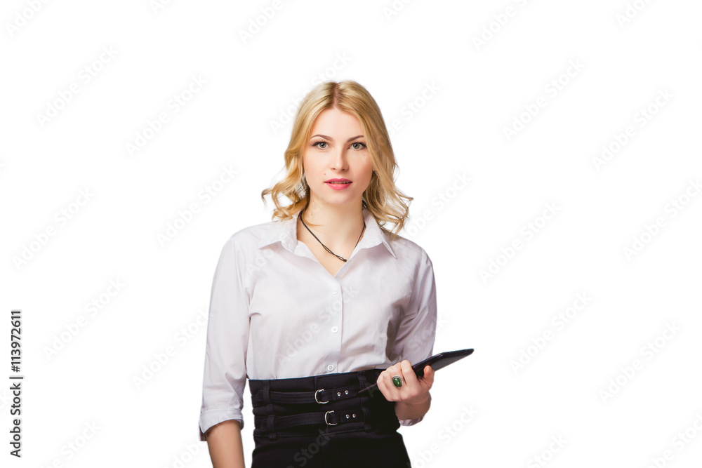 girl on a white background with a tablet in hand, online help girl on a white background with a tablet in hand, online help