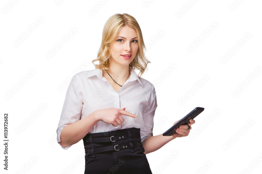 girl on a white background with a tablet in hand, online help