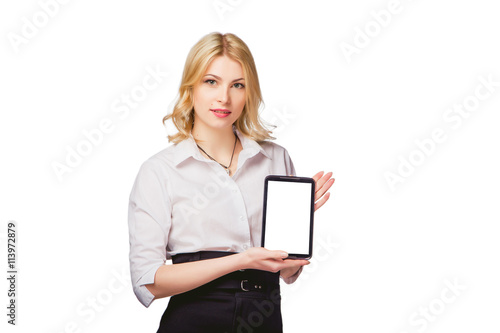 girl on a white background with a tablet in hand, online help