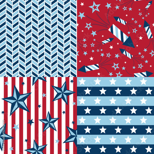 USA Patterns - Collection of 4 patriotic seamless patterns in red, blue and white.