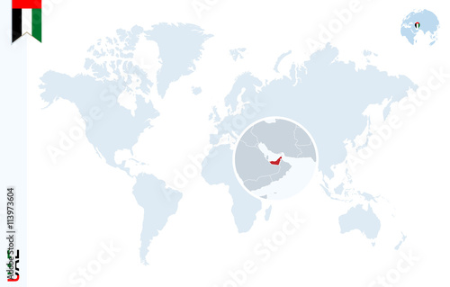 Blue world map with magnifying on United Arab Emirates.