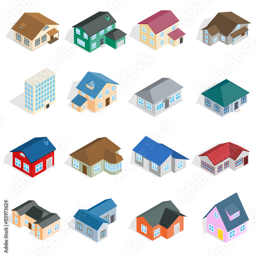 Town house cottage set, isometric 3d style