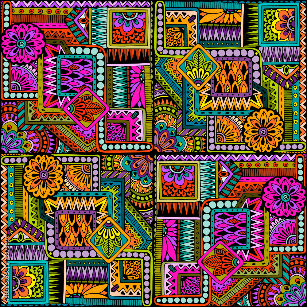 Fototapeta premium Seamless asian ethnic floral retro doodle background pattern in vector. Henna paisley mehndi doodles design tribal pattern.