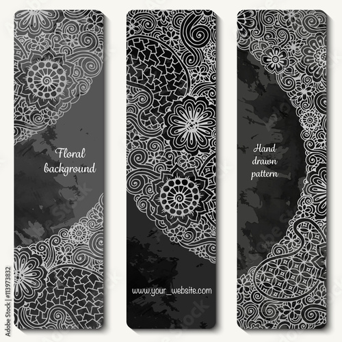 Abstract vector hand drawn doodle floral pattern card set. Series of image Template frame design for card.